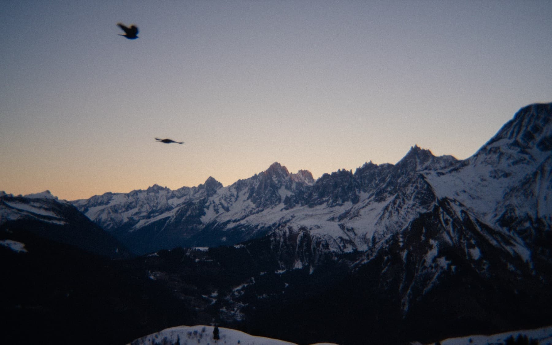 Birds soaring over a vast mountain panorama at sunset, with jagged snow-covered peaks and deep shadowed valleys below a warm glowing sky